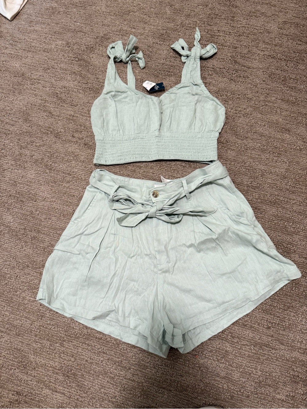 Hollister Mint Green Tie-Strap Cropped Top & High-Waist Paperbag Shorts Set